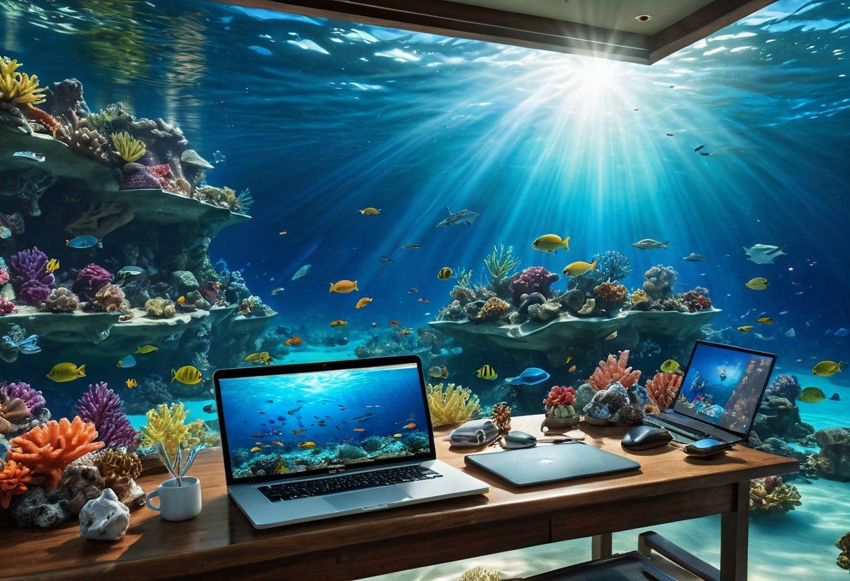 A stunning underwater scene showcasing a variety of marine vessels, including sailboats, yachts, and cargo ships, surrounded by vibrant coral reefs and schools of colorful fish. Sunlight rays penetrate through the water, creating a serene and inviting atmosphere. In the foreground, a laptop displaying digital insurance options is placed on a small underwater table adorned with marine-themed artifacts. super-realistic. vibrant colors. underwater theme.
