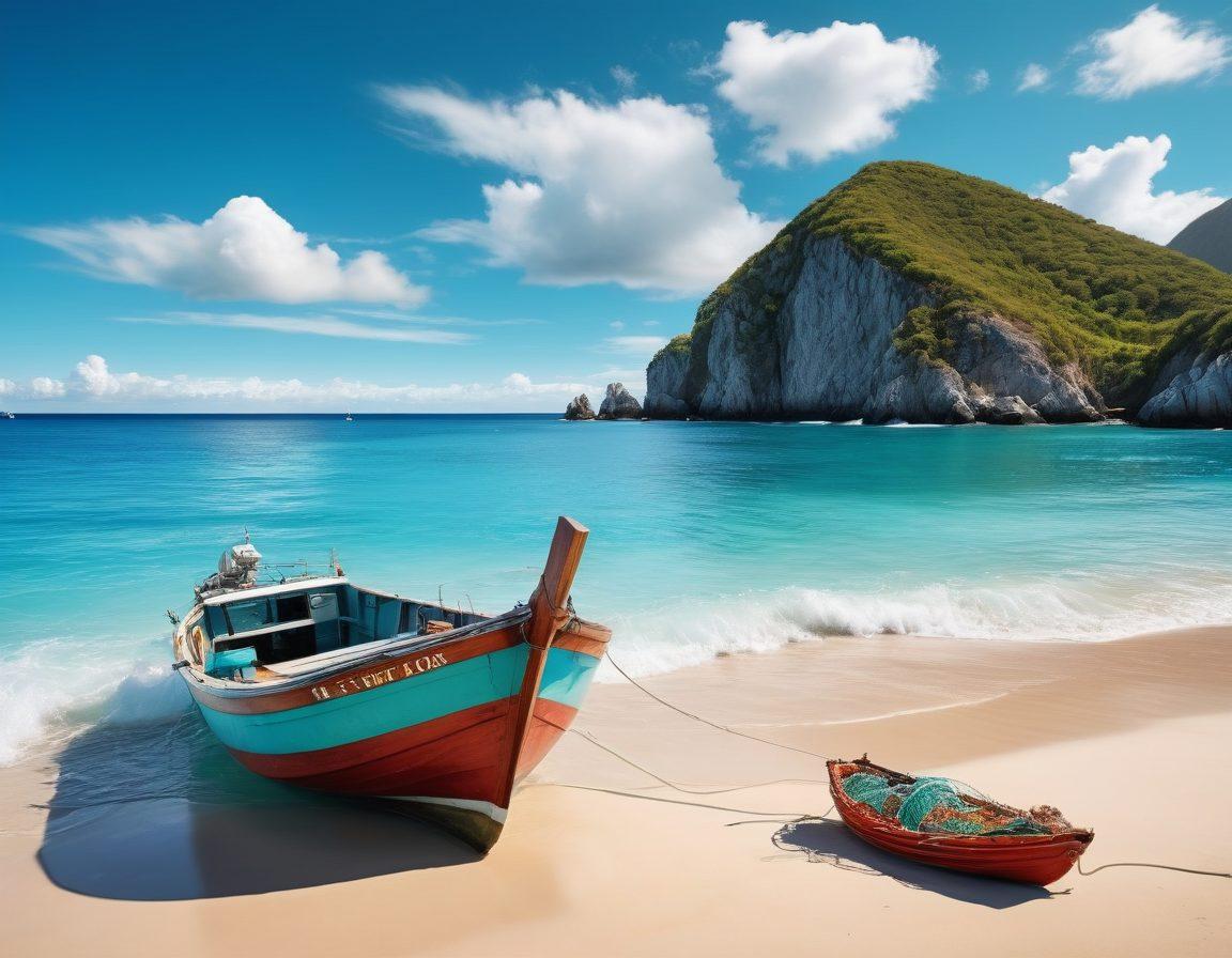 A vibrant nautical scene showcasing an array of vessels from a small fishing boat gently bobbing on turquoise waters to a majestic yacht cruising in the distance. The backdrop features a clear blue sky, fluffy white clouds, and rocky coastlines. Include elements like fishing nets and nautical gear scattered on the sandy shore, evoking a sense of adventure and tranquility. super-realistic. vibrant colors. ocean background.